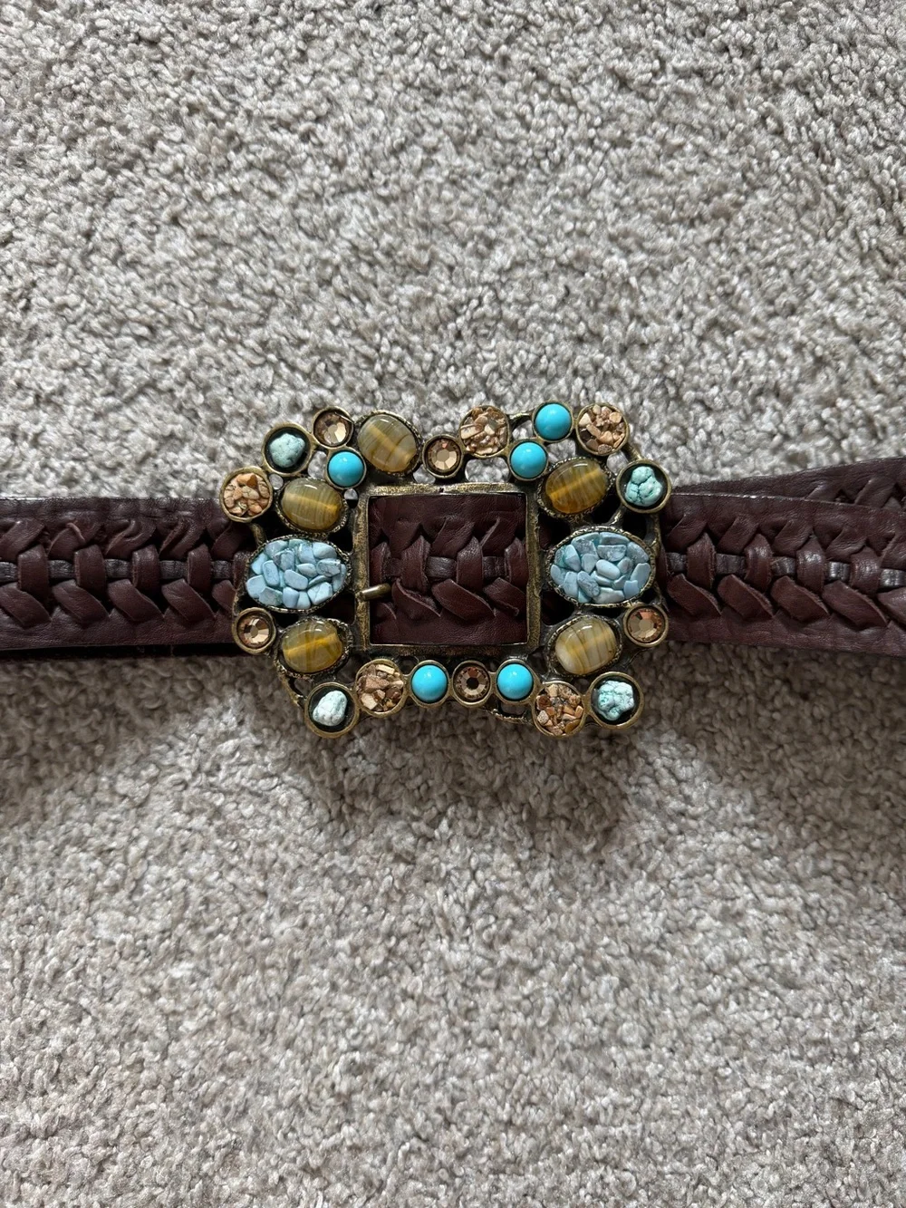 Leatherock USA Brown Woven Boho Stone Buckle Statement Belt